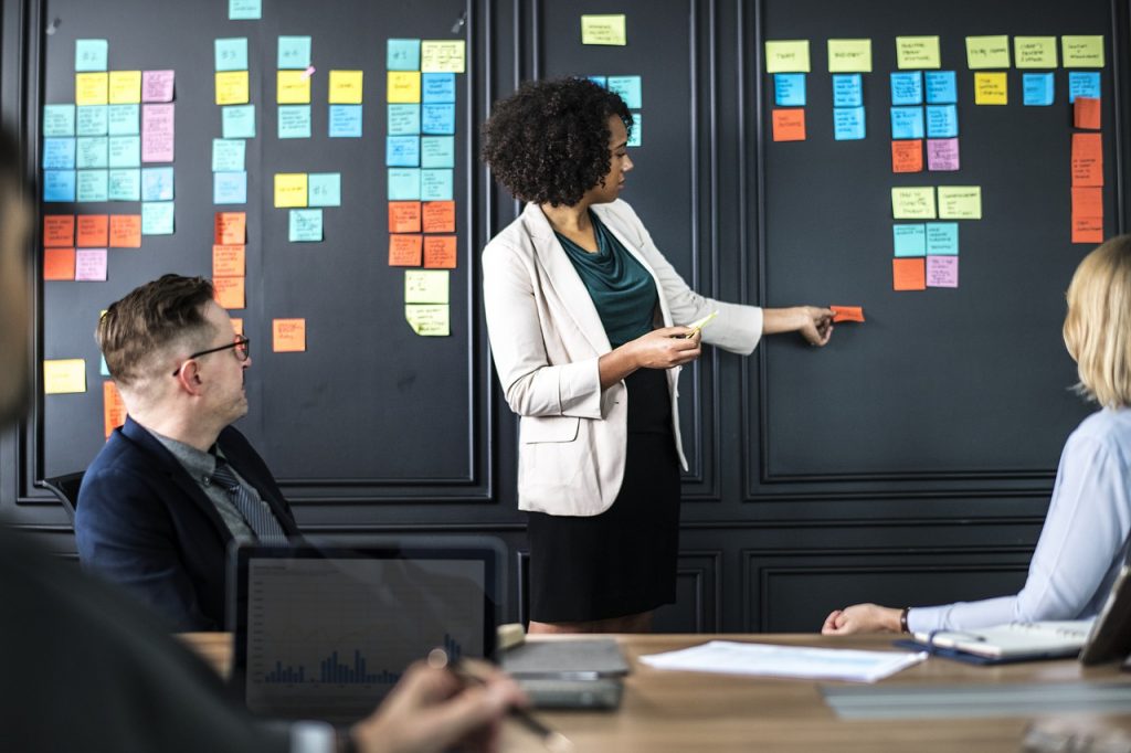 A imagem mostra uma mulher explicando o funcionamento do método kanban através de notas autoadesivas coladas em um mural.