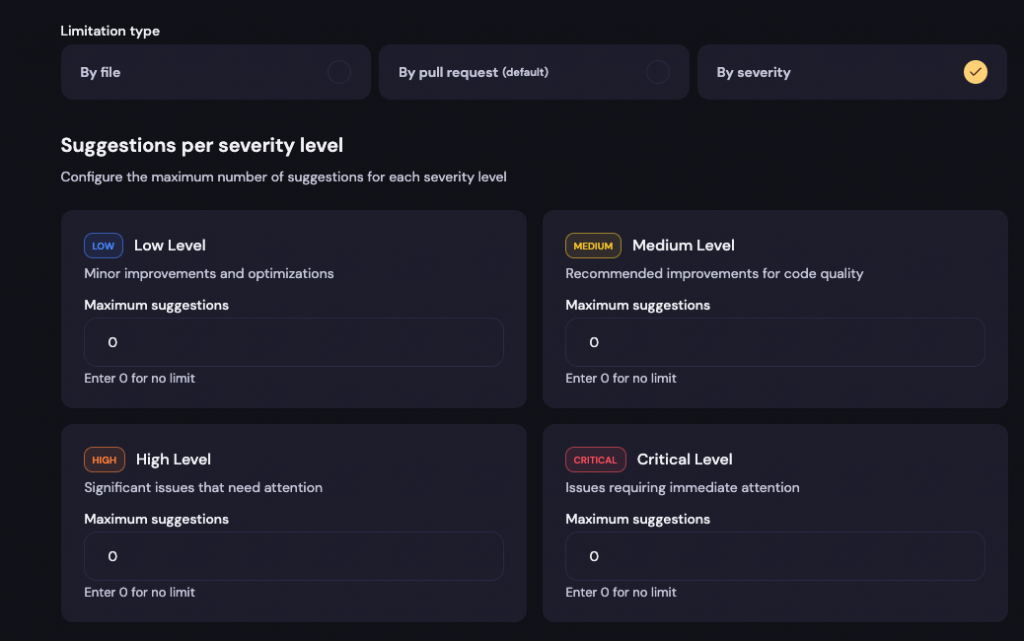 Configuração de severidade de sugestões na interface da Kodus