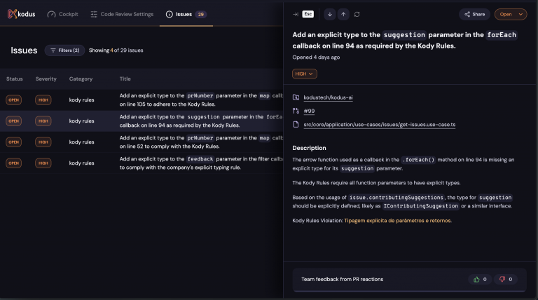 Kody Issues interface