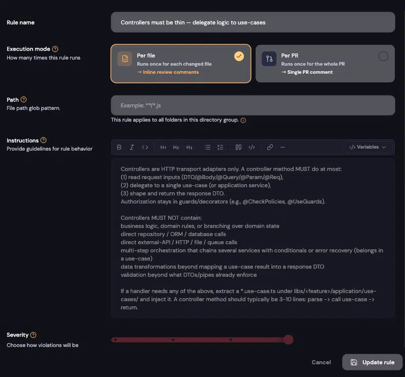 Configuração da Kody Rule: "Controllers must be thin — delegate logic to use-cases"