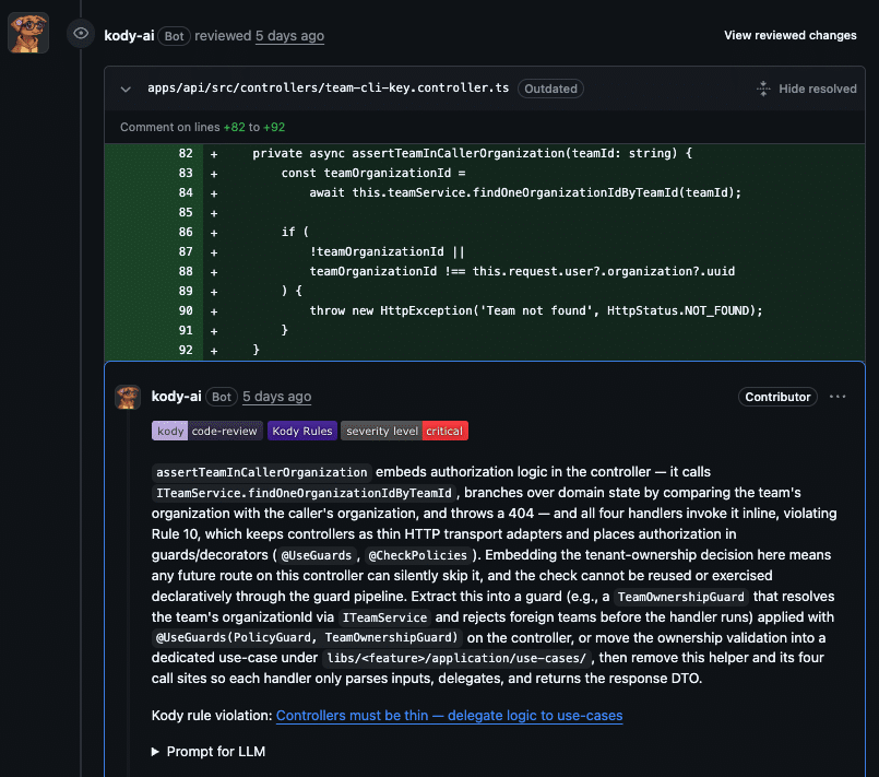 Kody review comment on team-cli-key.controller.ts in kodustech/kodus-ai pull request 2057, flagging an organization ownership check inside the controller as a violation of the thin-controllers rule