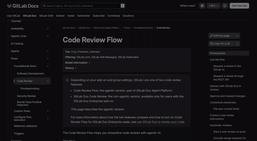 GitLab Duo Code Review Flow documentation, showing availability on the Free, Premium, and Ultimate tiers for GitLab cloud, self-managed GitLab, and GitLab Dedicated