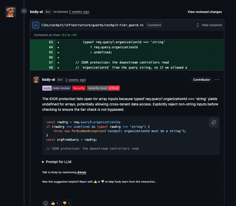 Example of a finding in a PR