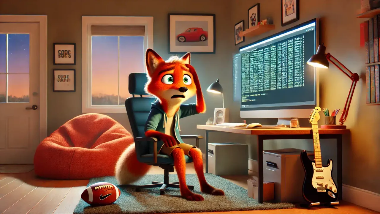 DALL·E 2025-02-07 11.39.08 - A Pixar-style animated image of a young fox programmer (28 years old) working in a startup. The fox is in a tidy home office, sitting at a desk with a