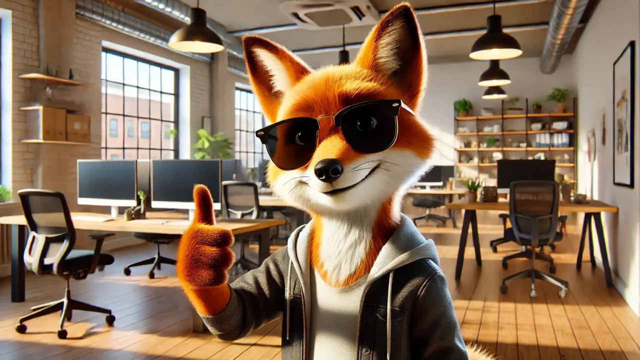 DALL·E 2025-02-20 11.16.45 - A young fox wearing dark sunglasses, giving a thumbs-up in a modern coworking space. The scene is styled in a high-quality 3D animation style, similar