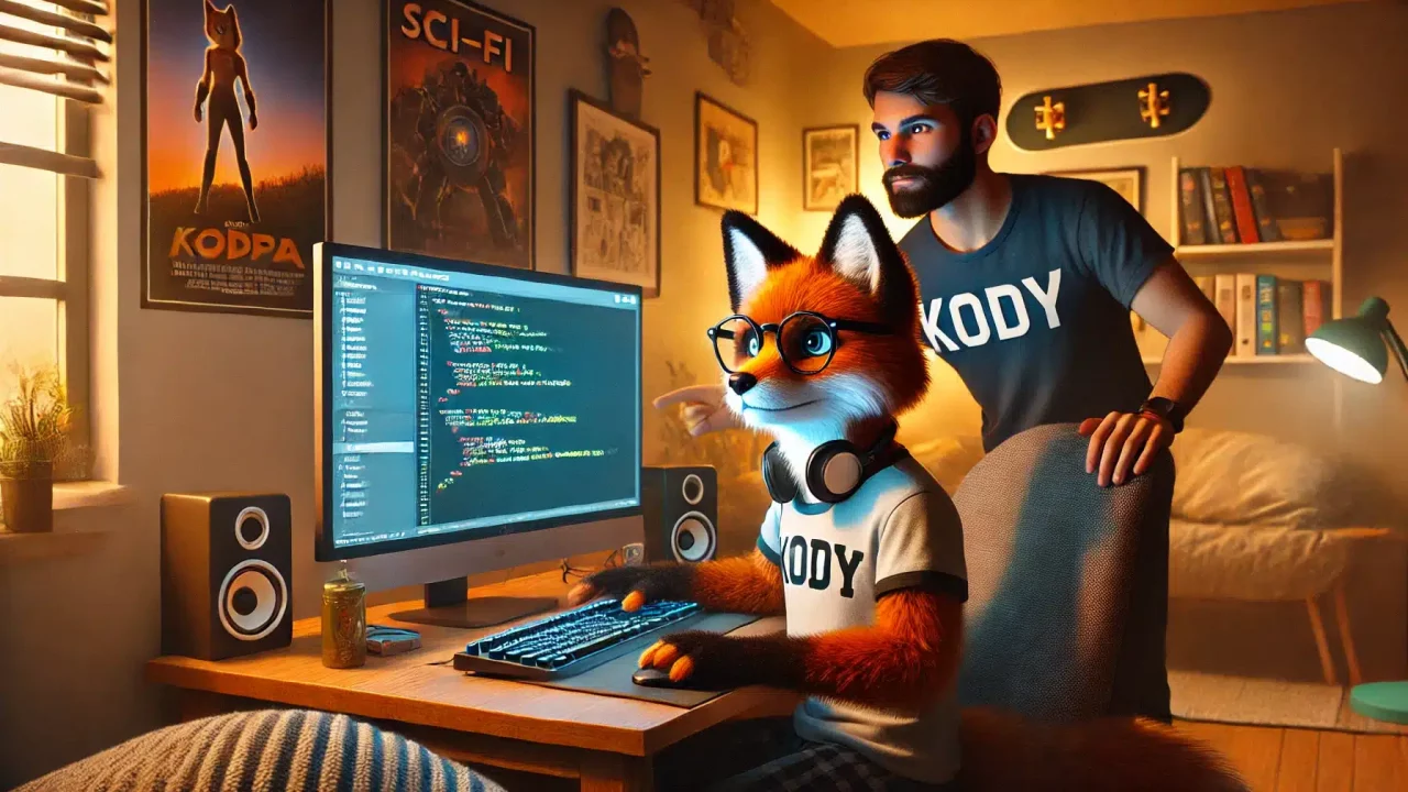 DALL·E 2025-02-28 11.43.45 - A young fox wearing glasses and a shirt with the word 'Kody' on it, sitting at a desk in a cozy bedroom, coding on a computer with a focused expressio